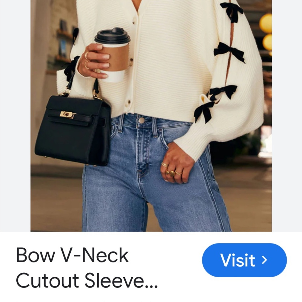 Cream V-Neck‎ Bow-Trim Cutout Sleeve Sweater